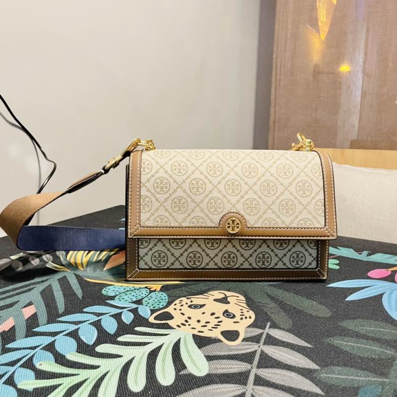 Tory Burch T Monogram Flap Shoulder Bag in Beige Jacquard with Tan Leather
