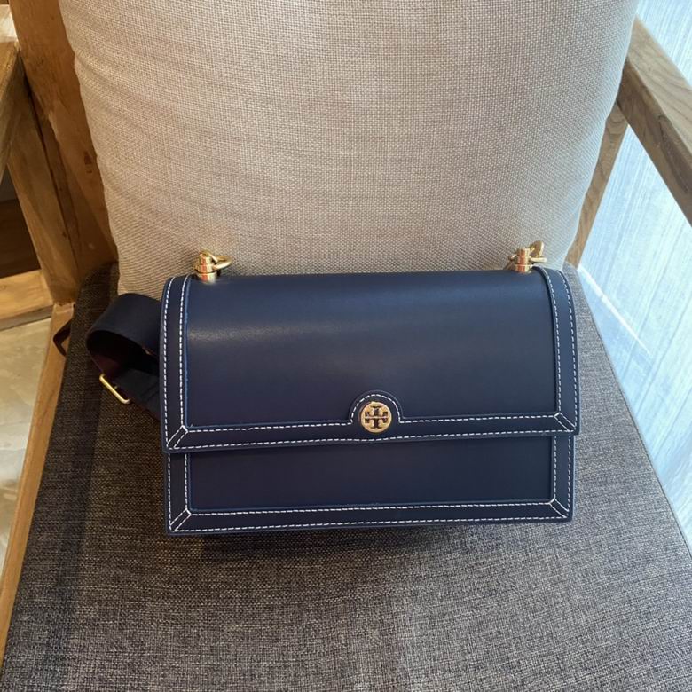 Tory Burch Flap Shoulder Bag in Navy Leather with Contrast Stitching