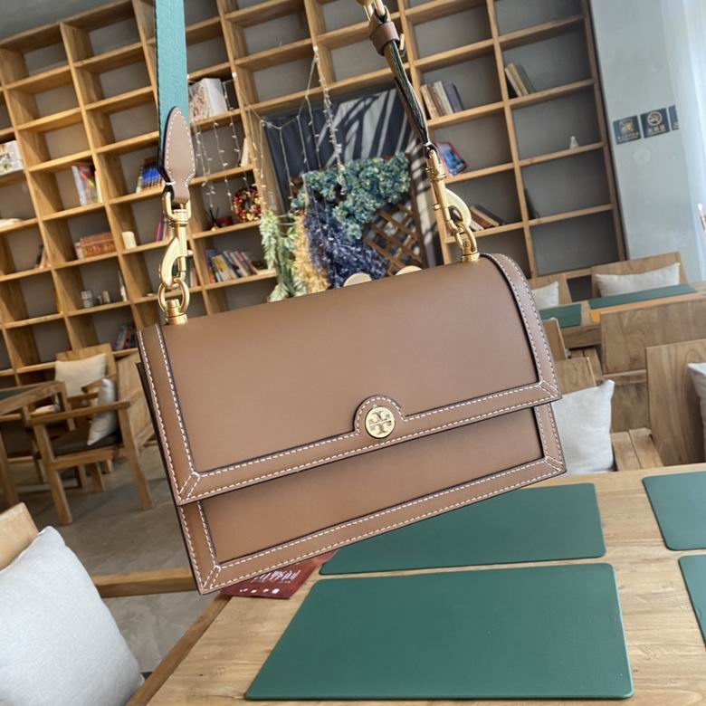 Tory Burch Flap Shoulder Bag in Tan Leather with Gold Medallion and Green Strap