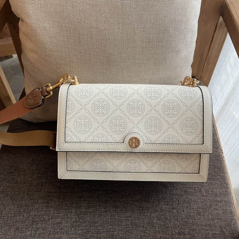 Tory Burch T Monogram Perforated Leather Shoulder Bag in Cream