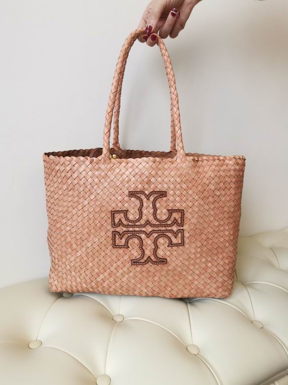 Tory Burch Woven Leather Shopping Tote Bag with Double-T Logo in Peach