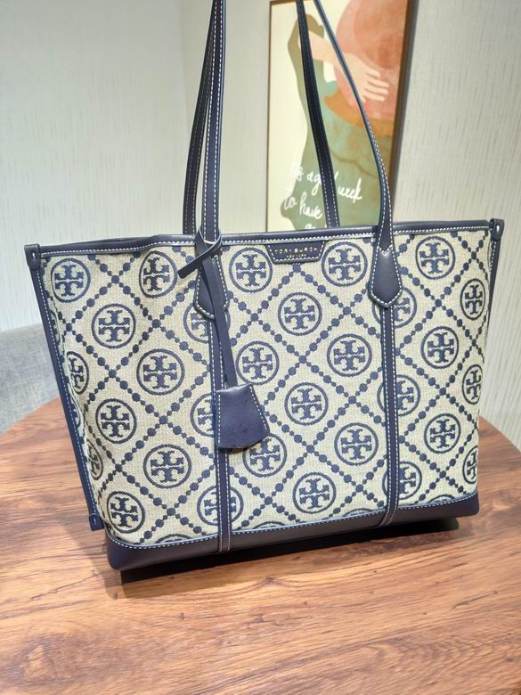 Tory Burch Perry T Monogram Jacquard Tote Bag in Navy and Beige