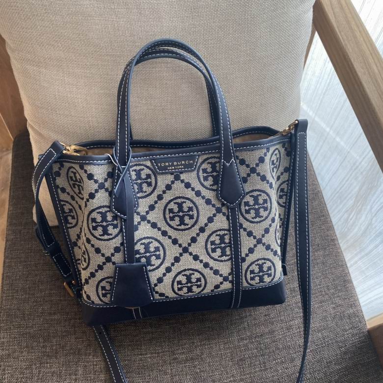 Tory Burch Perry Small Triple-Compartment Tote in Navy T Monogram Jacquard