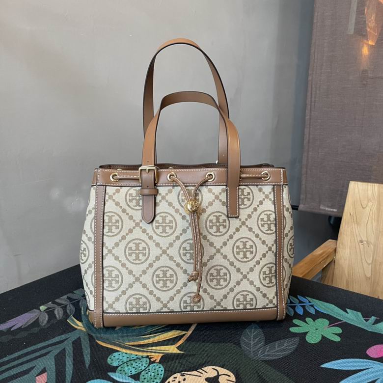Tory Burch T Monogram Drawstring Tote Bag in Beige Jacquard with Brown Leather