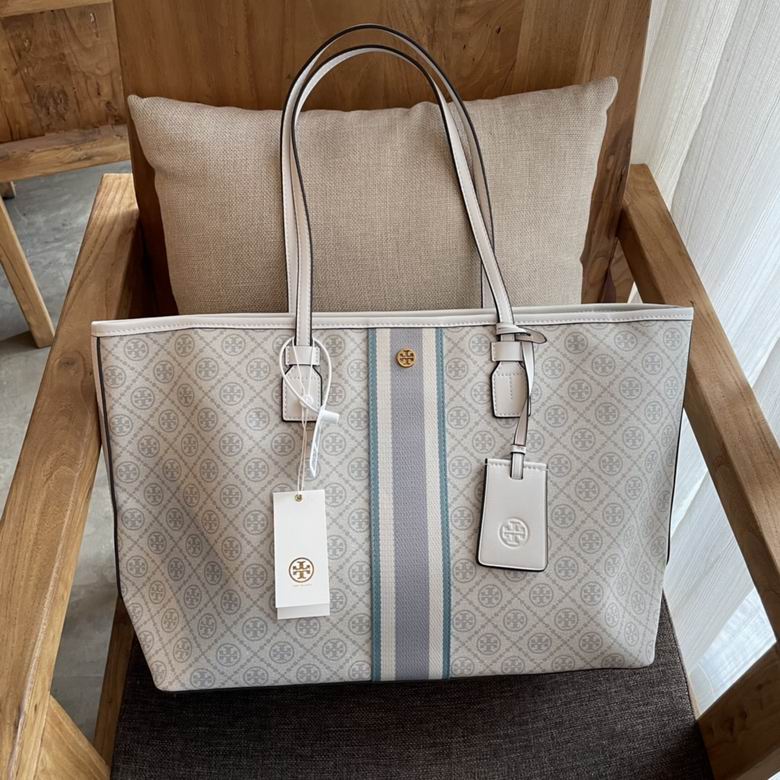 Tory Burch T Monogram Striped Tote Bag in Cream and Grey-Blue Coated Canvas