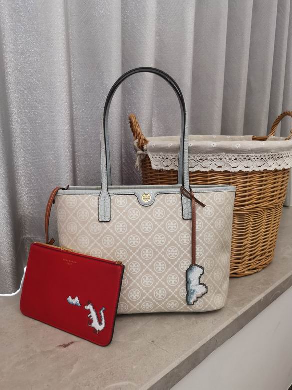 Tory Burch T Monogram Small Tote Bag in Beige with Red Dinosaur Pouch