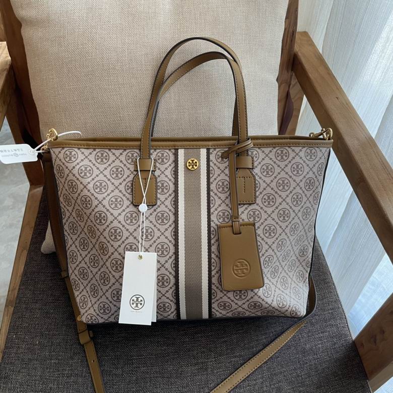 Tory Burch T Monogram Striped Tote Bag in Beige Coated Canvas with Tan Trim