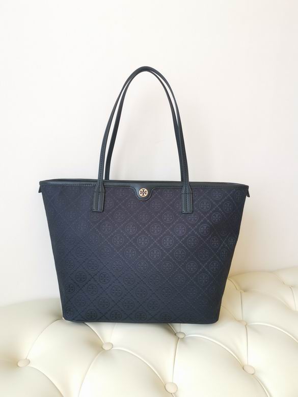 Tory Burch T Monogram Shopping Tote in Navy Jacquard with Leather Trim