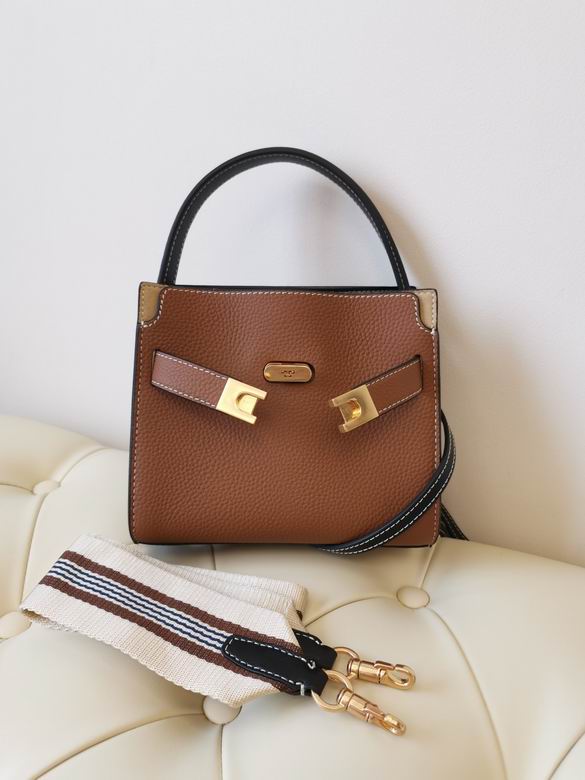 Tory Burch Lee Radziwill Petite Double Bag in Brown Pebbled Leather