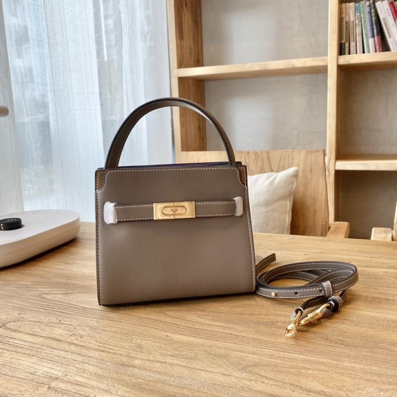 Tory Burch Lee Radziwill Petite Double Bag in Taupe Smooth Leather
