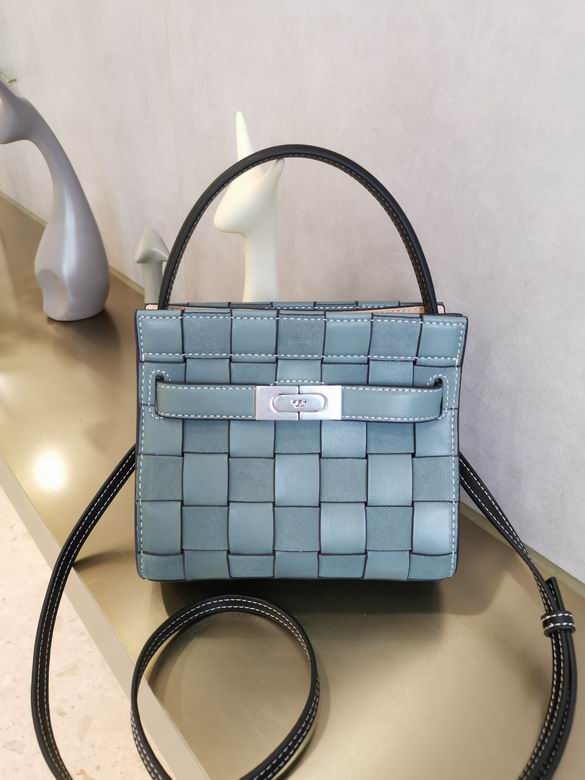 Tory Burch Lee Radziwill Petite Woven Top-Handle Bag in Dusty Blue