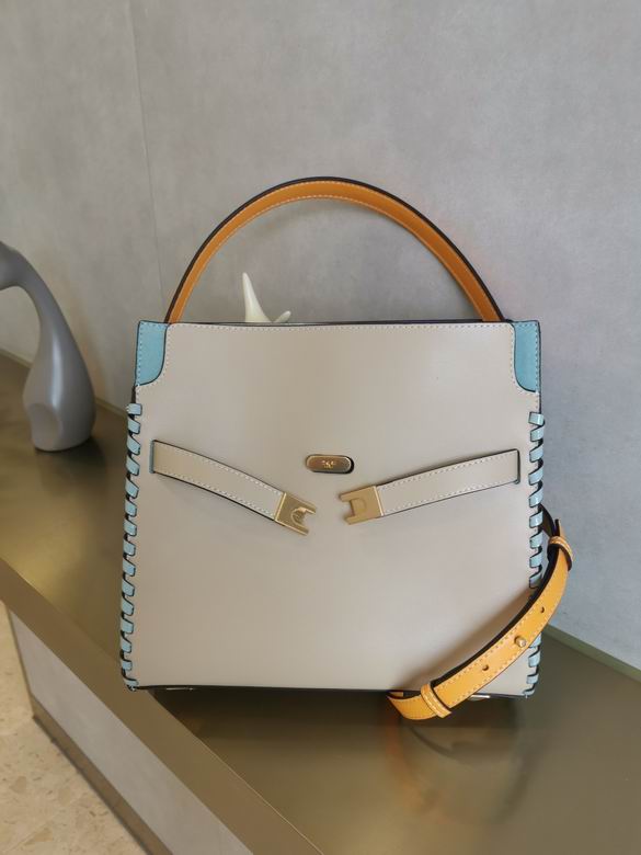 Tory Burch Lee Radziwill Small Double Bag in Grey Leather with Blue Whipstitch