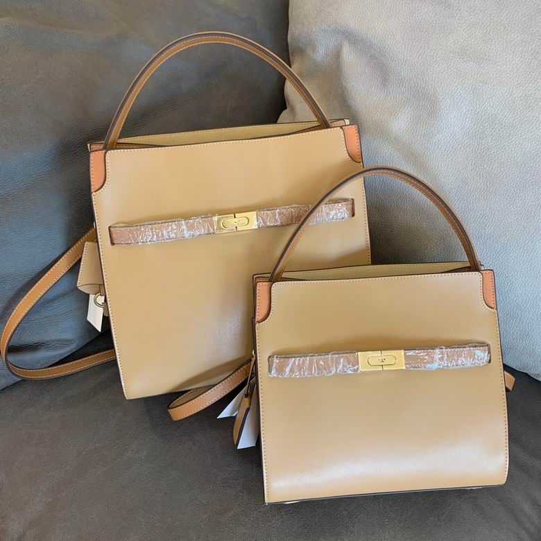 Tory Burch Lee Radziwill Double Top-Handle Bag in Tan Smooth Leather