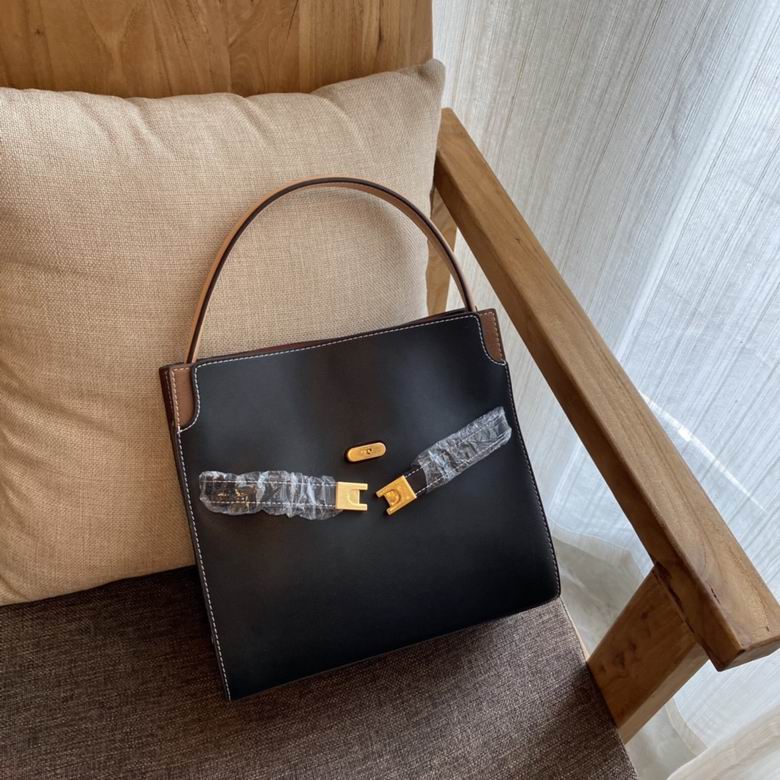 Tory Burch Lee Radziwill Small Double Bag in Black Leather with Tan Trim