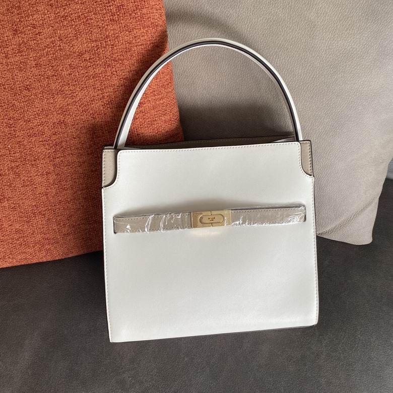 Tory Burch Lee Radziwill Double Top-Handle Bag in White Smooth Leather