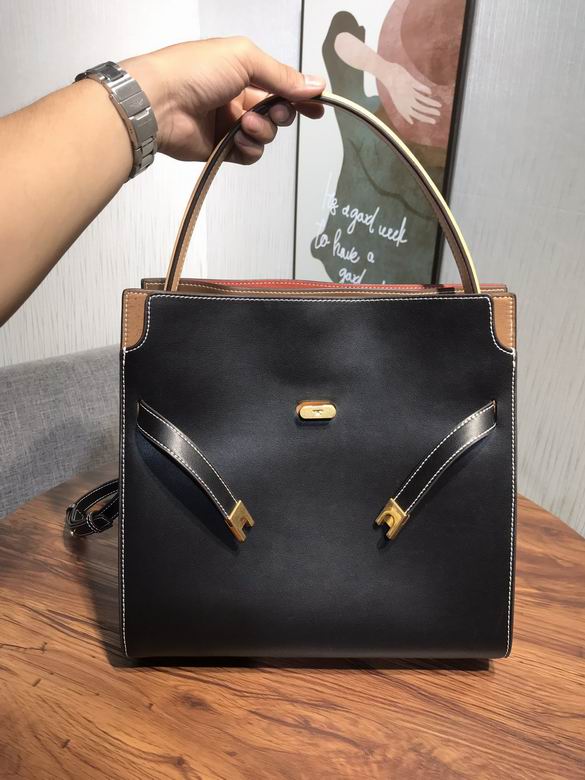 Tory Burch Lee Radziwill Double Bag in Black Leather with Tan Trim