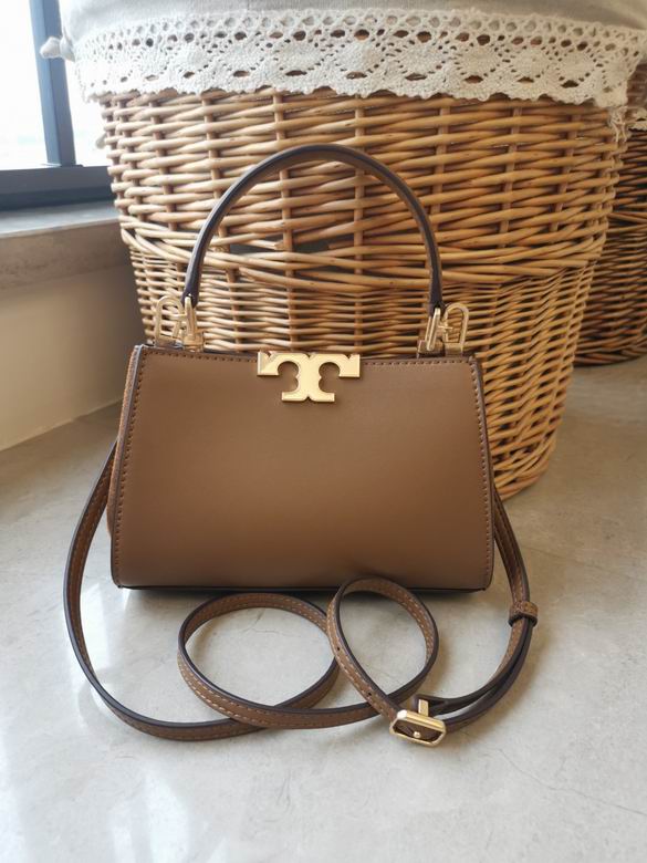 Tory Burch Eleanor Mini Top-Handle Bag in Tan Brown Leather with Gold T Clasp