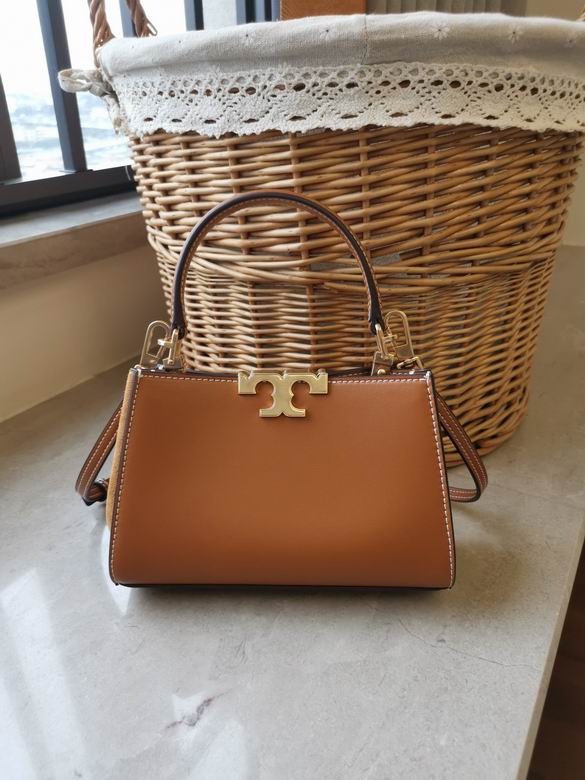 Tory Burch Eleanor Mini Top-Handle Bag in Tan Brown Leather with Gold T Clasp