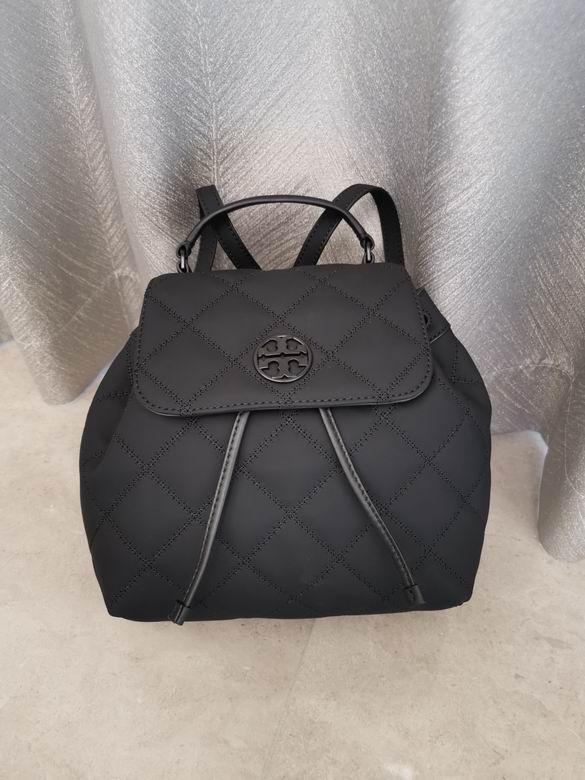 Tory Burch Quilted Flap Backpack in Black Nylon with Drawstring Closure