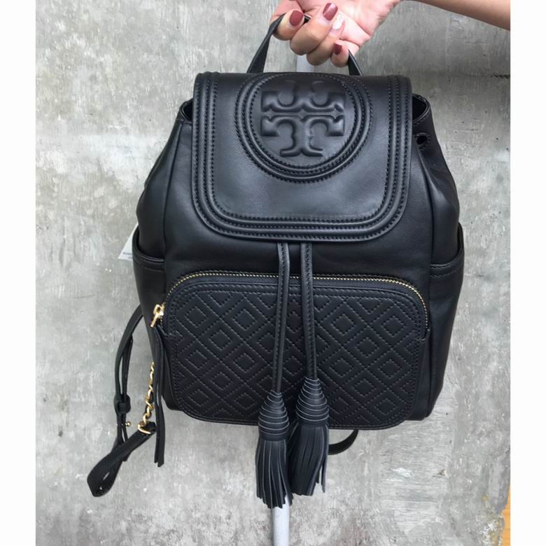 Tory Burch Fleming Backpack in Black Leather with Quilted Pocket and Tassels