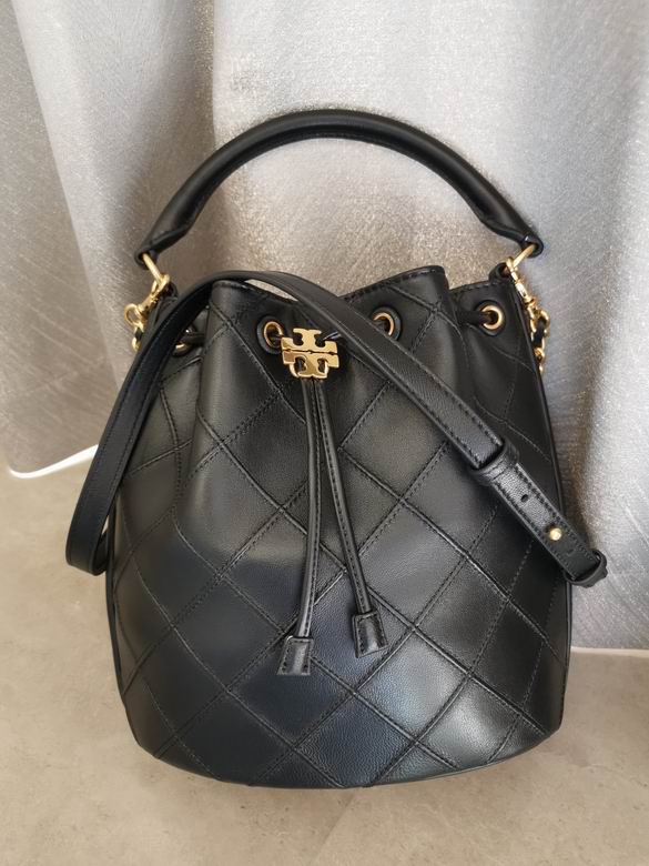 Tory Burch Quilted Drawstring Bucket Bag with Top Handle in Black Leather