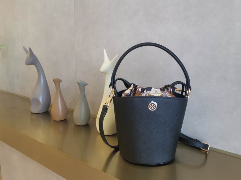 Tory Burch Robinson Mini Bucket Bag in Black Textured Leather with Scarf Lining