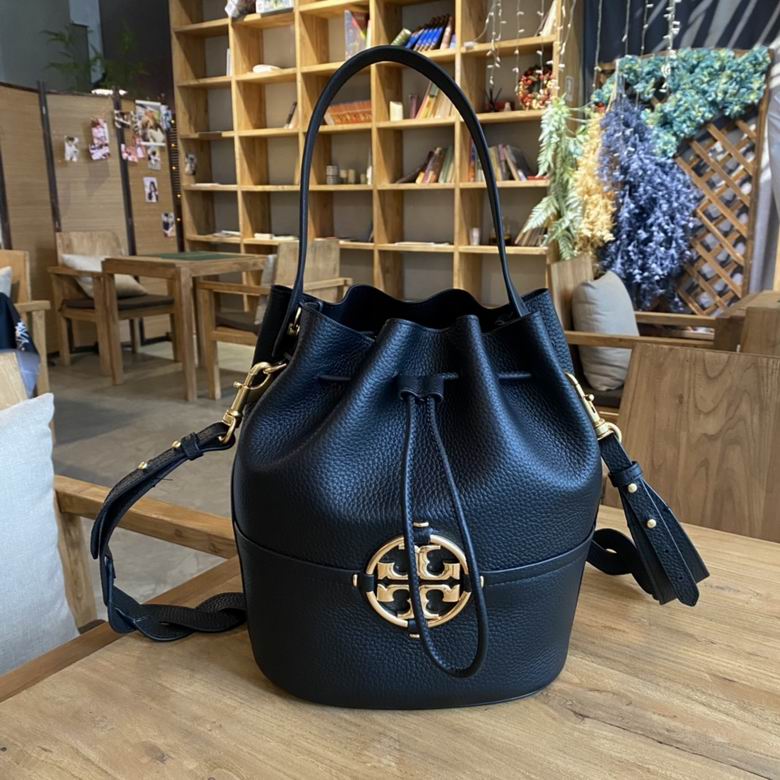 Tory Burch Miller Bucket Bag in Black Pebbled Leather with Gold Logo