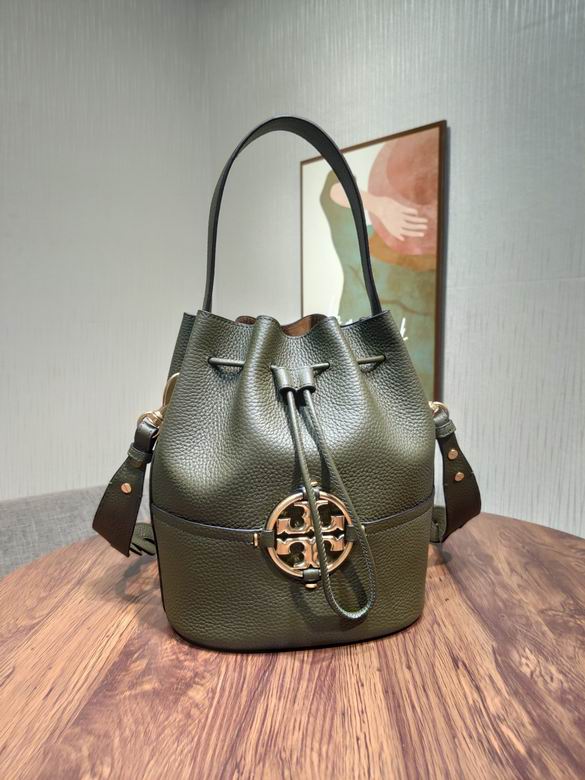 Tory Burch Miller Drawstring Bucket Bag in Olive Green Pebbled Leather