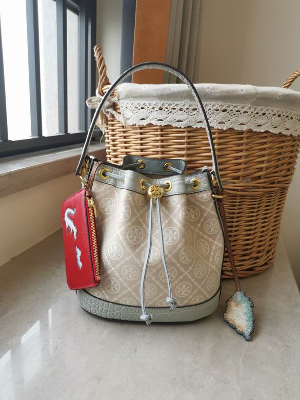 Tory Burch T Monogram Drawstring Bucket Bag in Beige with Sage Croc-Embossed Trim