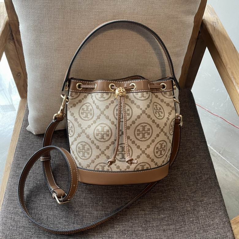 Tory Burch T Monogram Mini Bucket Bag in Beige Jacquard with Tan Leather Trim