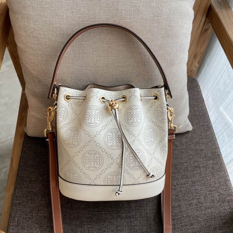Tory Burch T Monogram Perforated Drawstring Bucket Bag in Cream Leather