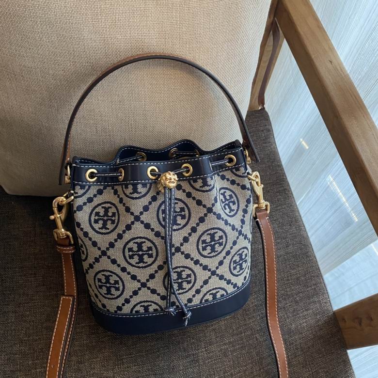 Tory Burch T Monogram Drawstring Bucket Bag in Navy Jacquard with Leather Trim