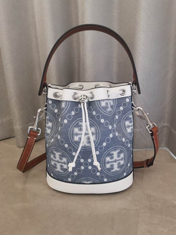 Tory Burch T Monogram Drawstring Bucket Bag in Blue Denim Jacquard