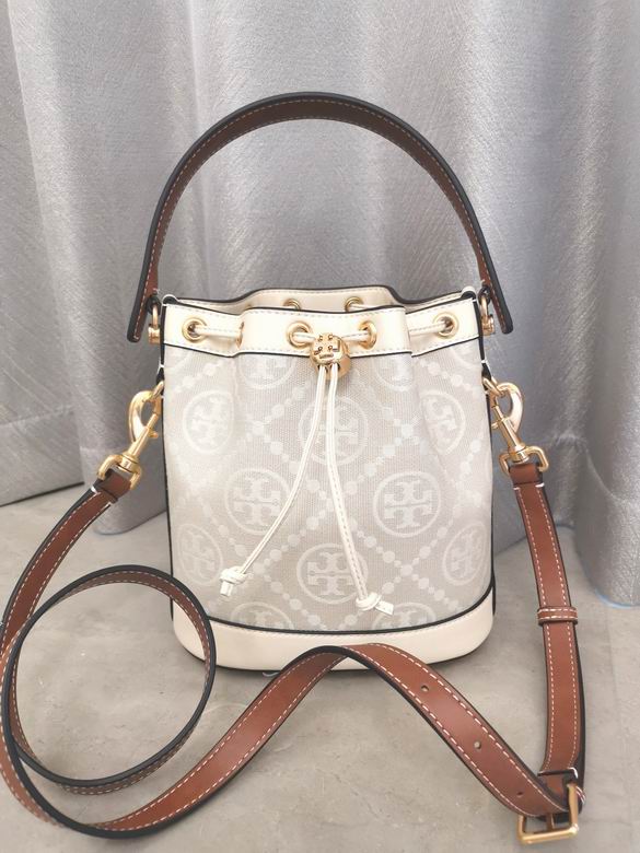 Tory Burch T Monogram Drawstring Bucket Bag in Cream Coated Canvas