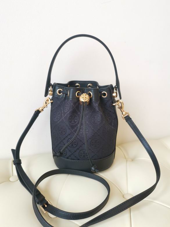 Tory Burch T Monogram Mini Bucket Bag in Black Jacquard with Leather Trim