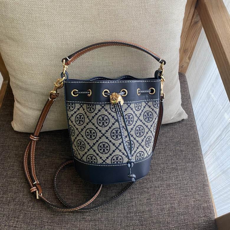 Tory Burch T Monogram Mini Bucket Bag in Navy Jacquard with Leather Trim