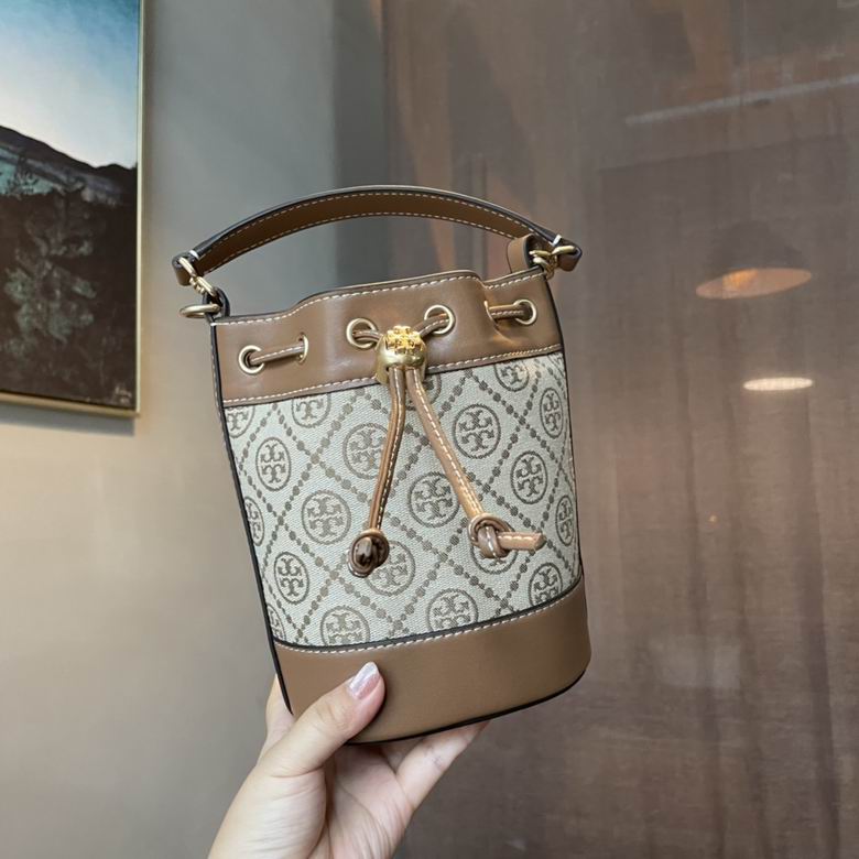 Tory Burch T Monogram Mini Bucket Bag in Beige Jacquard with Tan Leather