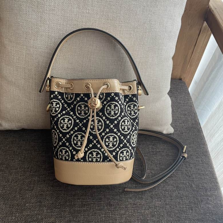 Tory Burch T Monogram Mini Bucket Bag in Black Jacquard with Beige Leather
