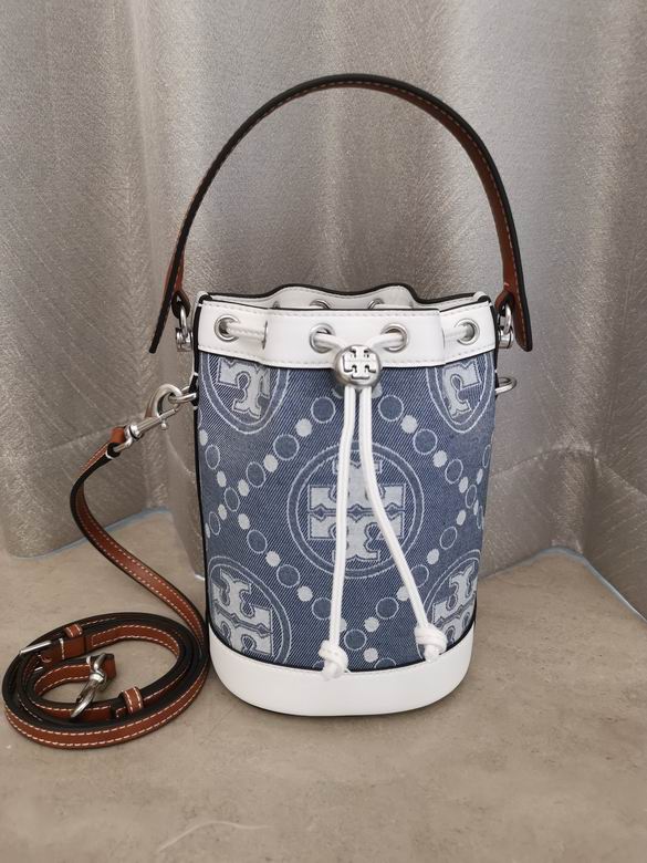 Tory Burch T Monogram Mini Bucket Bag in Blue Denim Jacquard with White Trim