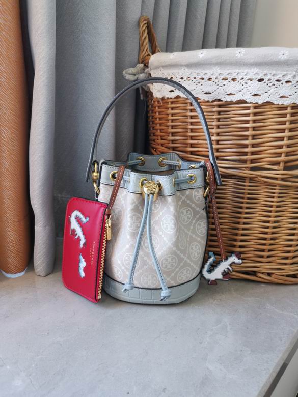 Tory Burch T Monogram Mini Bucket Bag in Blue-Grey Jacquard with Croc Trim
