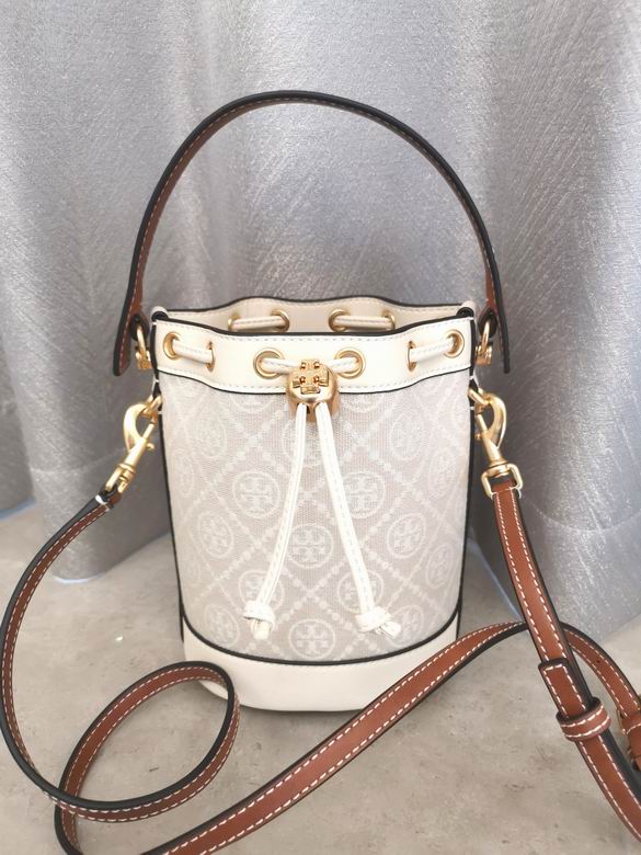 Tory Burch T Monogram Mini Bucket Bag in Cream Jacquard with Tan Leather