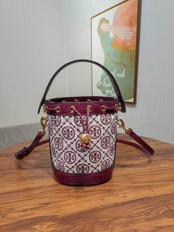 Tory Burch T Monogram Mini Bucket Bag in Burgundy Jacquard with Croc-Embossed Trim