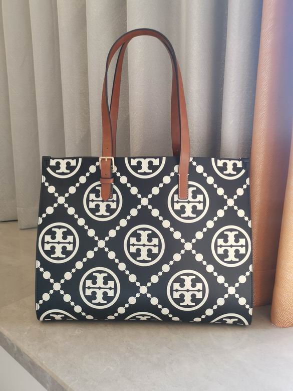 Tory Burch T Monogram Tote in Black and Ivory Print with Tan Leather Straps
