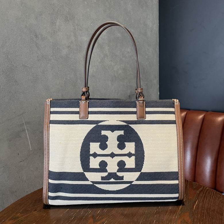 Tory Burch Ella Tote Bag in Navy and Cream Striped Jacquard with Brown Trim