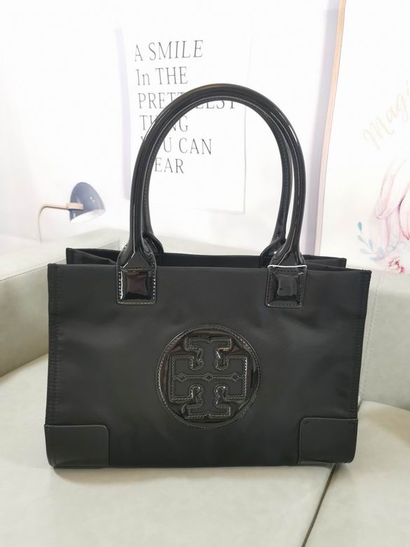 Tory Burch Ella Mini Tote Bag in Black Nylon with Patent Trim