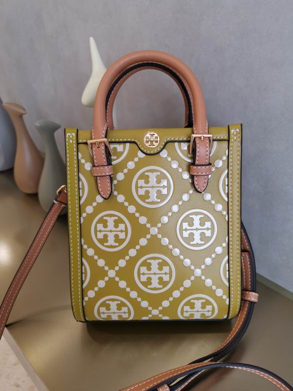 Tory Burch T Monogram Mini Tote Bag in Olive Green Leather with Crossbody Strap