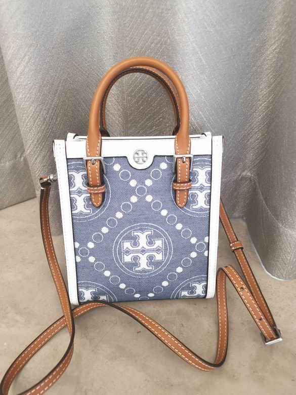 Tory Burch T Monogram Mini Tote Crossbody in Denim Jacquard with Tan Handles