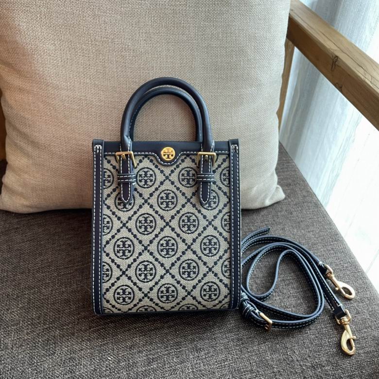 Tory Burch T Monogram Mini Tote Bag in Navy Jacquard with Leather Trim