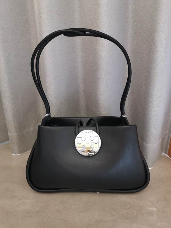 Tory Burch Underarm Shoulder Bag in Black Leather with Silver Double T Medallion