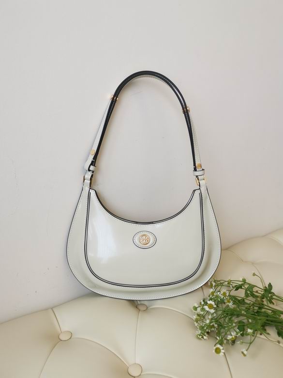 Tory Burch Crescent Shoulder Bag in Glossy White Leather with Black Trim